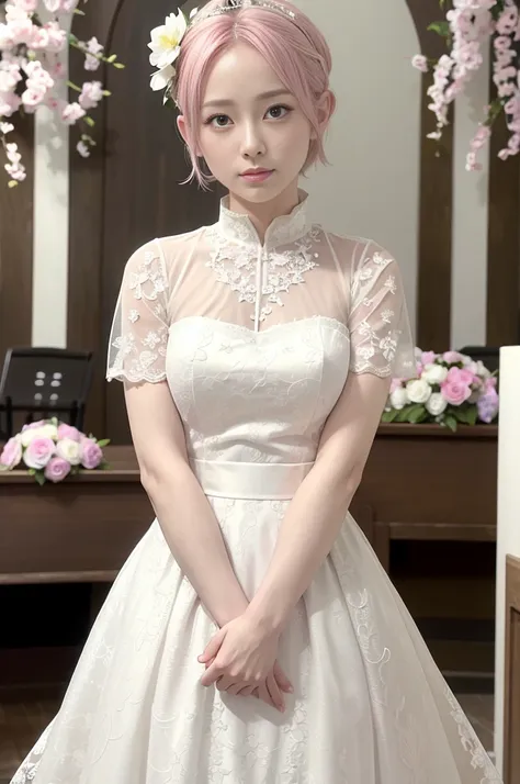 haruno sakura, ((alone)), alone, bride, wearing a white wedding dress, queen, happy, ((show your forehead)), are standing, enter...