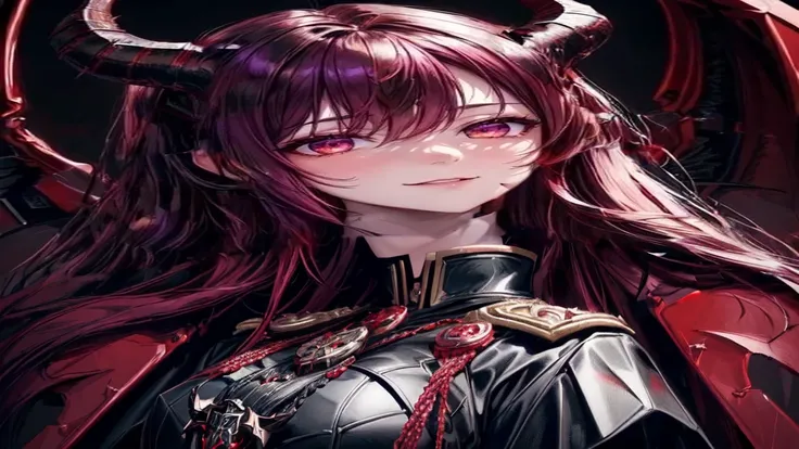 A succubus with horns,black wings,wearing Red LIla military uniform,decorated medals,highly detailed face,beautiful eyes,sharp facial features,flawless skin,seductive expression,dark fantasy,dramatic lighting,cinematic composition,chiaroscuro,digital paint...