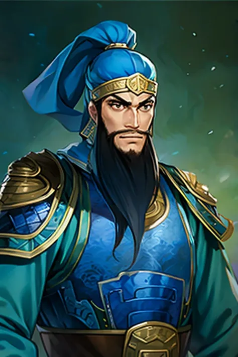 guanyu, beard, hat ,blue armorl, shoulder armor, chinese clothes