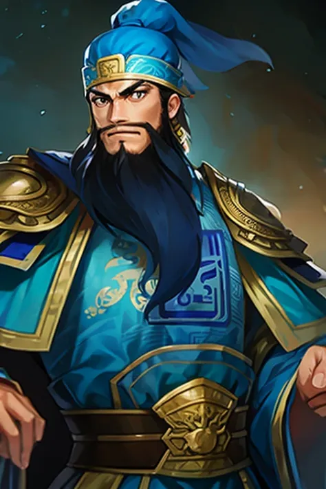 GuanYu, beard, Hat ,blue armorl, shoulder armor, chinese clothes