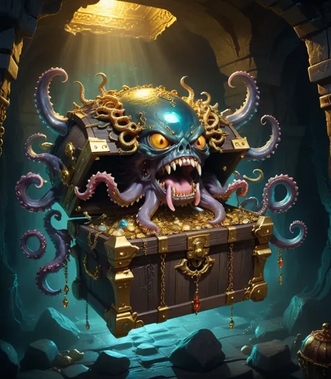 dungeons，floating in the air(monster disguised as a treasure chest), filled with jewels，1 eyes，one-eye，tongue，tentacles， sharp c...