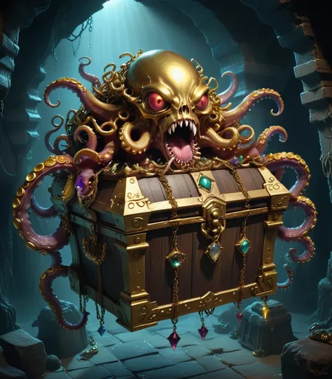 dungeons，floating in the air(monster disguised as a treasure chest), filled with jewels，1 eyes，one-eye，tongue，tentacles， sharp c...