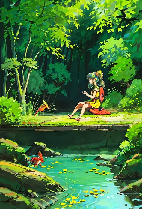 illustration of a girl sitting in a pond surrounded by koi carp, fireflies