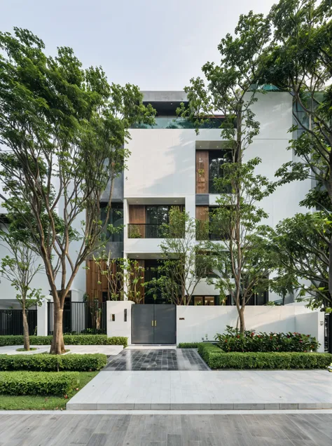 raw photo, a photo of a modern villa, sidewalk, sidewalk trees, steel gate, road, viet nam modern residence, a car parked in fro...