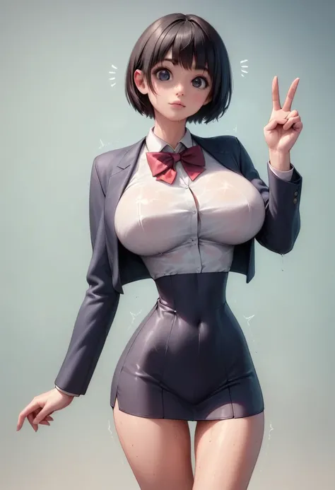 (masterpiece, best quality:1.2), Realistic, front shot, 1girl, kawaii, (super big breasts, micro waist, very long legs:1.4), Big Ass, Black hair, short bob hair, short height, scrawny and thin body, Light Skin, cute big eyes, tiny slender cute face, detail...