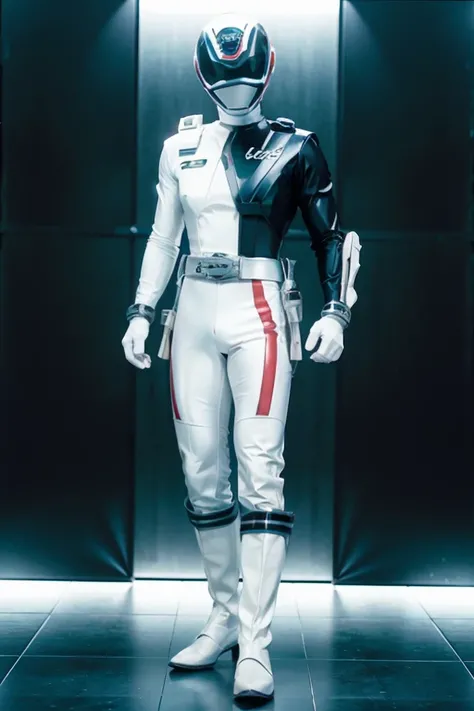 1boy, white, full body, Illustration, cinematic light, high resolution, best quality, ultra detailed, masterpiece, power suit, powerranger, suit, spd, (white ranger suit))