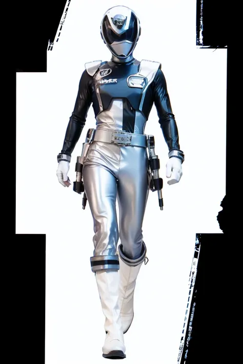 1boy, white, full body, Illustration, cinematic light, high resolution, best quality, ultra detailed, masterpiece, power suit, powerranger, suit, spd, (white ranger suit))