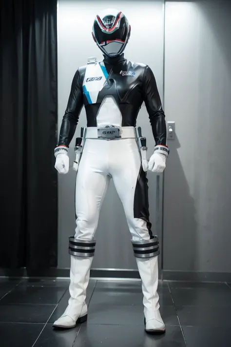 1boy, white, full body, Illustration, cinematic light, high resolution, best quality, ultra detailed, masterpiece, power suit, powerranger, suit, spd, (white ranger suit))