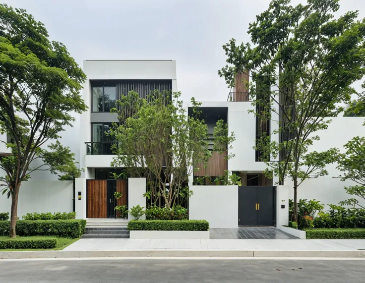 raw photo, a photo of a modern villa, sidewalk, sidewalk trees, steel gate, road, viet nam modern residence, a car parked in fro...