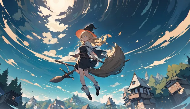 Woman flying in the air astride a broom,witch,Blonde,Below you can see houses, forests, and the sea.