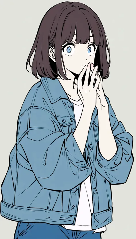 Create an anime-style illustration of a boy with long, slightly messy dark hair and bangs. She should be wearing an oversized blue denim jacket. The girls expression should be one of surprise or shock, with wide eyes and her hands held up to her face, fing...