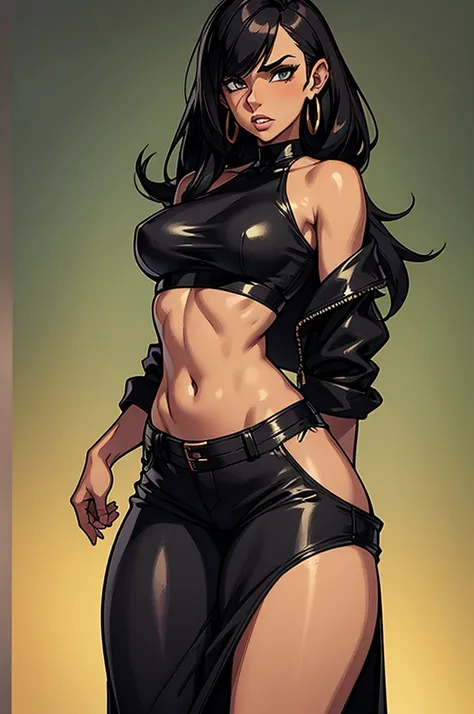 1 female, tan skin, slanty eyes, loop earings, long black straight hair, skimpy dress, black leather jacket crop top, Tight jeans, slim waist, fiesty look, Masterpiece, 4k.
