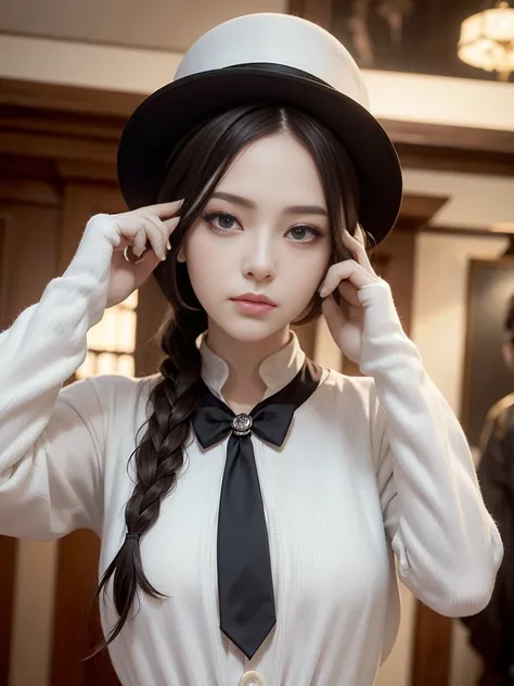 masterpiece, Highest quality, alone focus, (Perfect Face:1.1), (High detail:1.1),dramatic, 1 person, (Pale skin), Long, voluminous braided white hair, White eyes, alone, Long Hair, moon, night, White luxury suit, White Fedora Hat, Covered navel, Pouting, C...