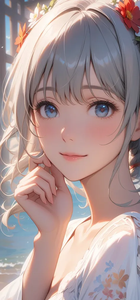 masterpiece, Highest quality, Super Detail, 8K, Detail Light, Detailed Shadows, born, (Delicate skin), (Genuine: 1.2),, 1 Girl, Gray Hair, one piece ，Eye close-up, write, smile