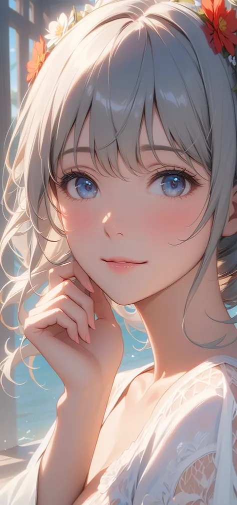 masterpiece, Highest quality, Super Detail, 8K, Detail Light, Detailed Shadows, born, (Delicate skin), (Genuine: 1.2),, 1 Girl, Gray Hair, one piece ，Eye close-up, write, smile