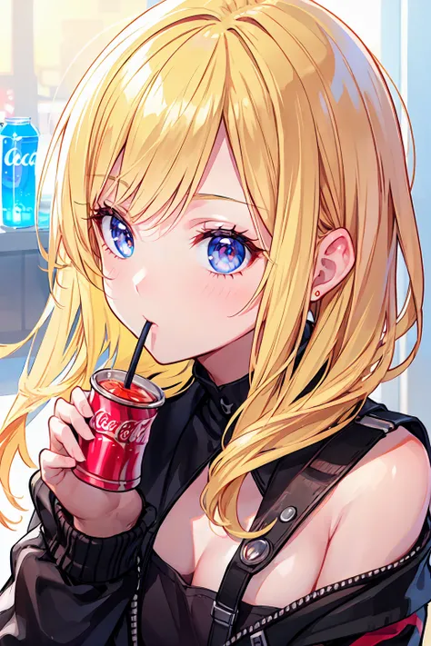 Beautiful girl modern fashion drinks coca cola, Cinematic,8K resolution, Soft lighting,Ultra-detailed skin and hair texture, eye,nose, Mouth has realistic details,Blonde