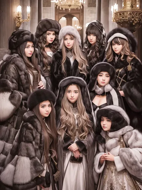 fluffyの毛皮。fluffy。Photos of women in the Turkish royal court。Surrounded by fair-skinned girls。Women wearing fur dresses and veils covering their faces are lined up。Beautiful women in luxurious furs。The dark dungeon of an old stone castle。Fisheye Lens、Fur co...