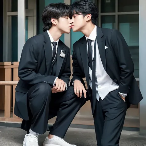 Bangchan and Seungmin from stray kids, realistic, Bangchan wearing a suit and Seungmin wearing a , Kissing The cheek 