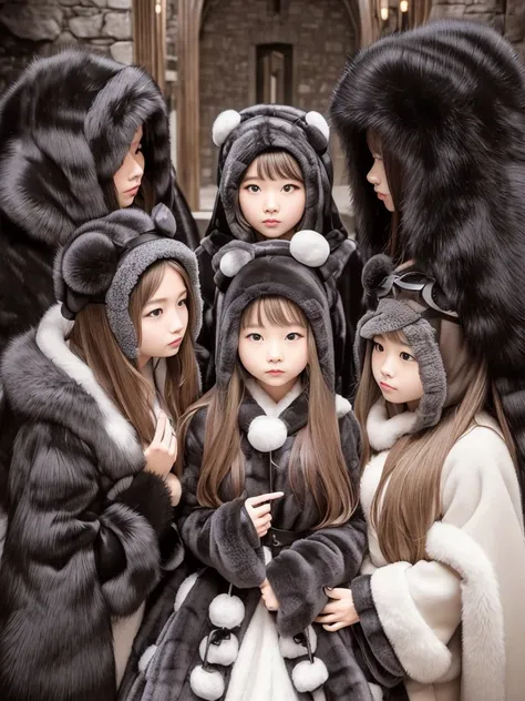 fluffyの毛皮。fluffy、Surrounded by fair-skinned women。Women wearing fur dresses and veils covering their faces are lined up。Beautiful women in luxurious furs。The dark dungeon of an old stone castle。Fisheye Lens、Fur coat。Multiple women。