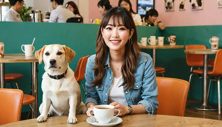 Sitting at a table in a dog cafe２０Woman in her 20s、Sit on a woman&#39;s lap、A brown dog curled up and sleeping on your lap、The breed is a toy poodle。The woman smiled.、Petting a toy poodle。