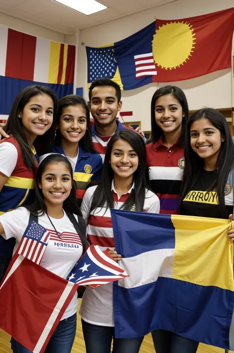 University drawing with happy students and flags of the United States and Colombia