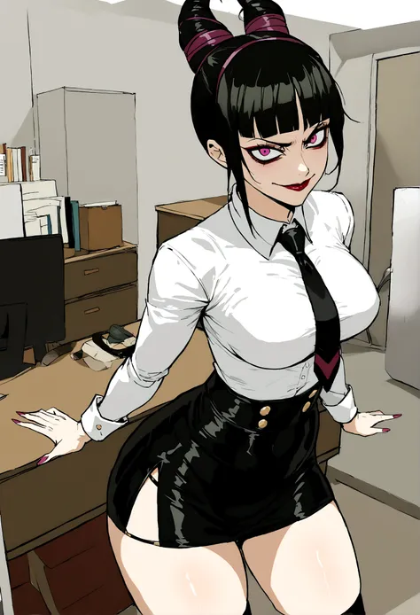 juri han, work of art, tight white secretary shirt with black tie, black high waist skirt, short skirt,stocking, black hair, black tights,evil smile,office,franja nos olhos,iluminação,chifre de cabelos,visão de cima,olhando para cima
