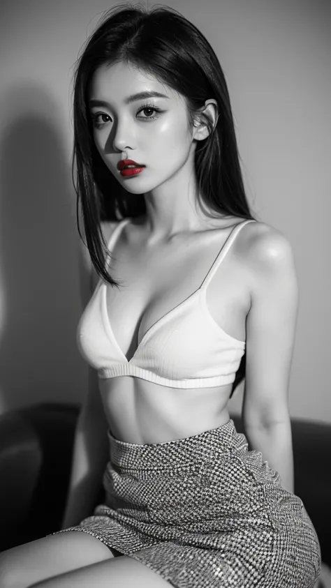 (((Black and White Art:1.2、Black and white photo、RAW photos、Film Grain)))、Beautiful woman、Small nose、((Full lips、Sexy red lips:1.3))、Attractive hairstyle、skirt、best quality、high resolution、high resolution、light、Black and white photo、Professional photograph...