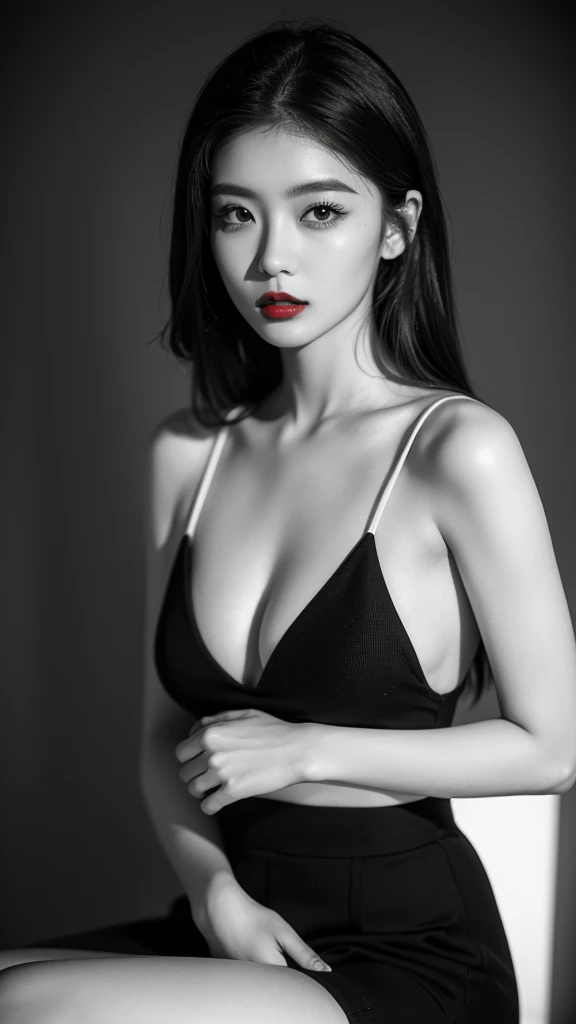 (((Black and White Art:1.2、Black and white photo、RAW photos、Film Grain)))、Beautiful woman、Small nose、((Full lips、Sexy red lips:1.3))、Attractive hairstyle、skirt、best quality、high resolution、high resolution、light、Black and white photo、Professional photograph...