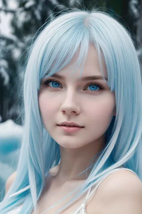   A beautiful young Russian girl with long ice-colored hair and ice-white skin, attractive, high detail in the background 