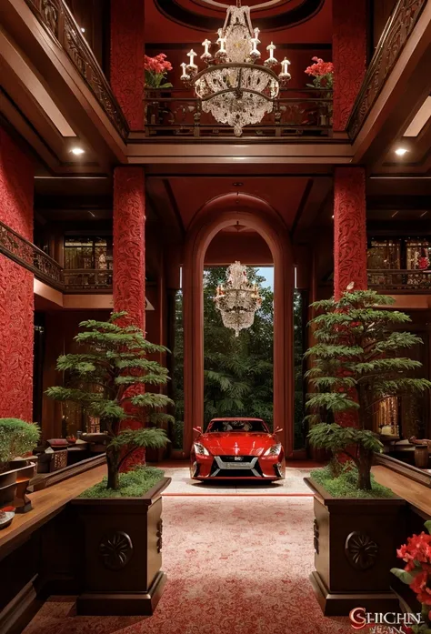 a extravagant showroom with a red nissan skyline gt car, with intricate carvings and intricate details, surrounded by the lush g...