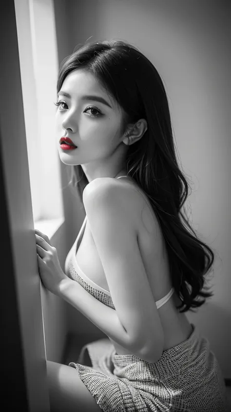 (((Black and White Art:1.2、Black and white photo、RAW photos、Film Grain)))、Beautiful woman、Small nose、((Full lips、Sexy red lips:1.3))、Attractive hairstyle、skirt、best quality、high resolution、high resolution、light、Black and white photo、Professional photograph...