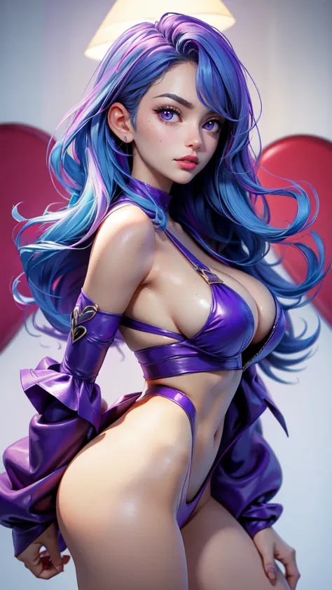 Best quality, Masterpiece, Portrait, Perfect anatomy, Femininity, Cool, Flawless, , Solo, Sexy, Stylish, Mature, Purple eyes, Long light blue hair, Mole above lip, Red lipstick, Big breasts, heart 