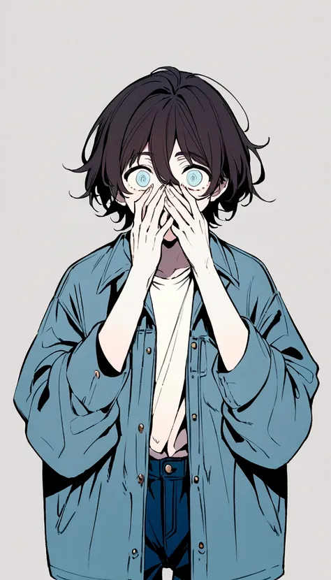 Create an anime-style illustration of a boy with short, slightly messy dark hair. He should be wearing an oversized blue denim jacket. The boys expression should be one of surprise or shock, with wide eyes and his hands held up to his face, fingers spread ...