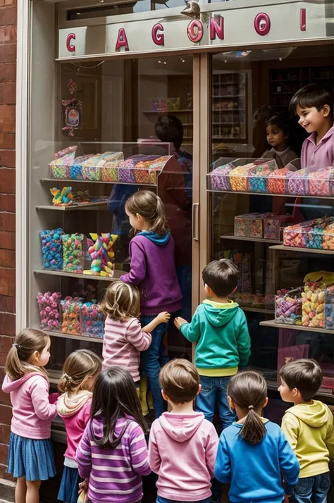 Children clinging to the candy store window