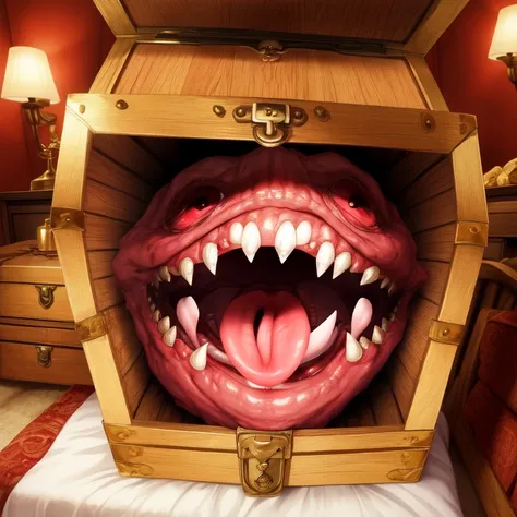 (A treasure chest:1.1), open, (He has teeth and a monstrous tongue), inside a bedroom, Masterpiece, The best quality, high detail