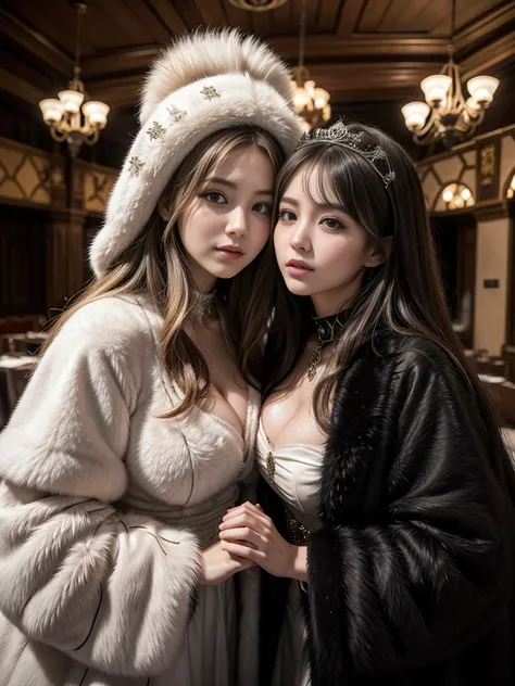 fluffyの毛皮。fluffy。Photos of women in the Turkish royal court。turkish traditional costume。Surrounded by fair-skinned girls。Women wearing fur dresses and veils covering their faces are lined up。Beautiful women in luxurious furs。The dark dungeon of an old ston...