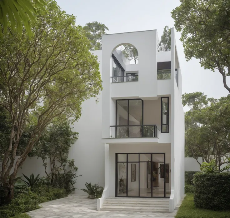 RAW photo,Masterpiece, high quality, best quality, authentic, super detail,
modern house, exterior, modern house with white wall and windows, daylight, tropical trees, tropical garden, the street on Viet Nam, archdaily architecture, 
(high detailed :1.2), ...