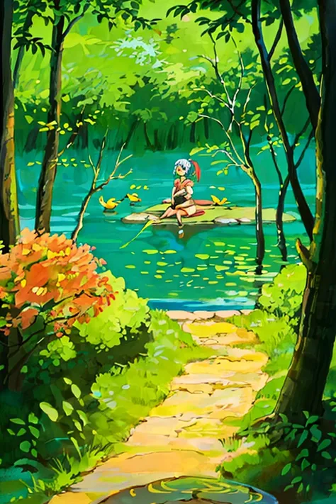 illustration of a girl sitting in a pond surrounded by koi carp, fireflies