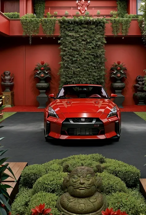 a extravagant showroom with a red nissan skyline gt car, with intricate carvings and intricate details, surrounded by the lush g...