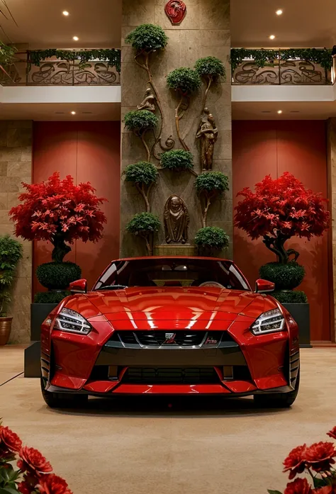 a extravagant showroom with a red nissan skyline gt car, with intricate carvings and intricate details, surrounded by the lush g...