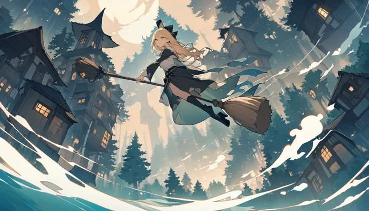 Woman flying in the air astride a broom,witch,Blonde,Below you can see houses, forests, and the sea.