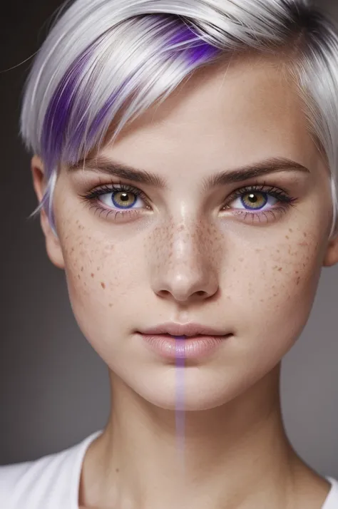 A young woman with super white skin, short white hair with two black highlights on the right side, heterochromia with red right eye and purple left eye and freckles