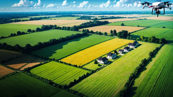 White Drone Flying above Field with a Village in the near