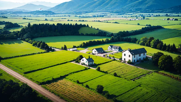 White Drone Flying above Field with a Village in the near