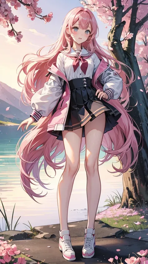 Highest quality、8K、masterpiece、high school girl、kawaii、Long Hair、Pink Hair、eight-headed body、Mature atmosphere、Model Body Type、Standing posture、Private Server、mini skirt、Full body portrait、blush