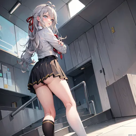 masterpiece, best quality, 1girl, solo,alisa kujou,schooluniform,(stairs:1.2),ass, kneehighs, looking back,(pantyshot:1.1), pleated skirt, white panties,running,(from below:1.1),