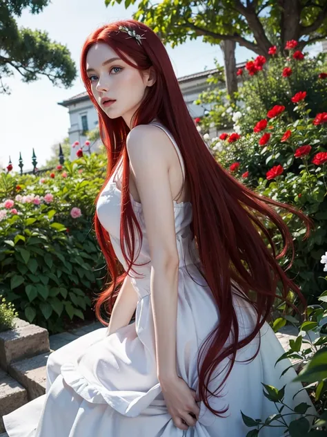 Long red hair, blue eyes, serious features, white skin, loose style, in a garden, with flowers 