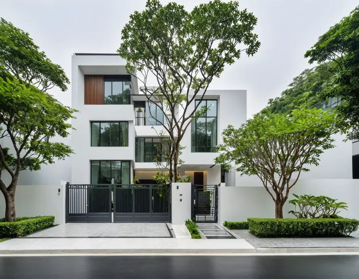 raw photo, a photo of a modern villa, sidewalk, sidewalk trees, steel gate, road, viet nam modern residence, a car parked in fro...