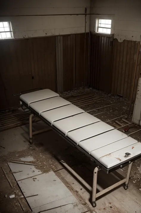 Stretcher in sinister abandoned morgue