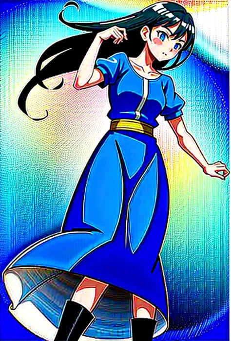 20 years old anime girl, with short dark blue hair to the shoulders, a serious yet tender expression, and bright light blue eyes. She dresses in an antique style, wearing a long dark blue skirt that reaches her knees, and small dark brown boots up to her a...